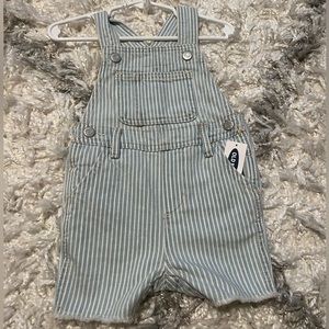 Denim striped short overalls. Size 12-18 months. New, never worn.